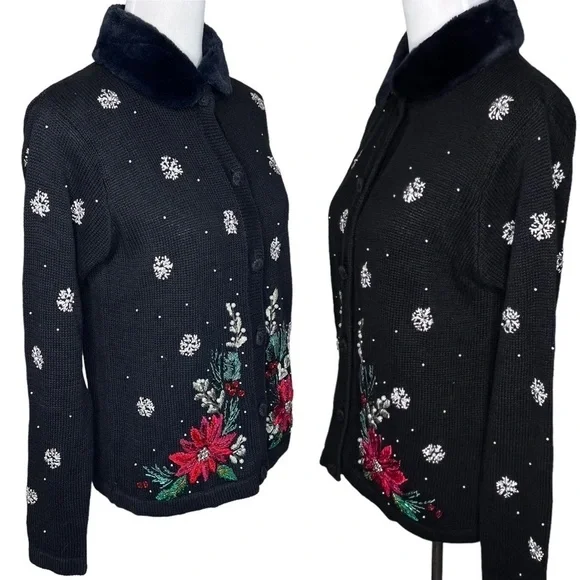 Victoria Jones Embellished Poinsettia Snow Flake Cardigan Removable Fur Collar M - Picture 4 of 14